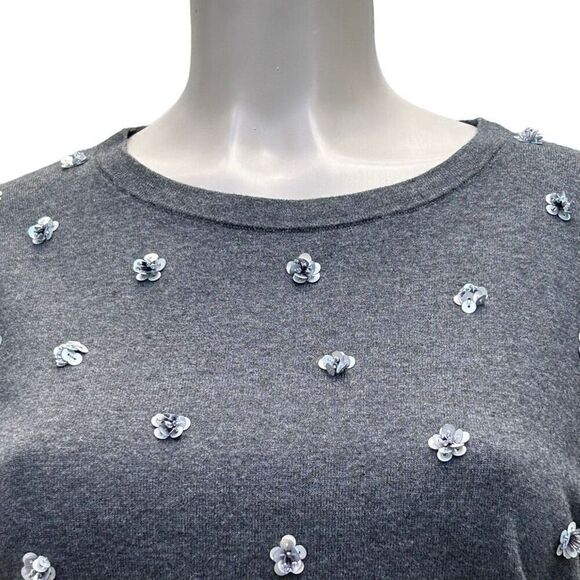 Talbots Sweater Women's Medium Petite Gray Crew Neck Sequin Flower Embellished - Picture 3 of 10